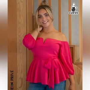 SHEIN Plus notched off shoulders belted peplum top